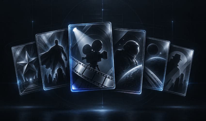Fan of stylized entertainment trading cards with film, comics and sci-fi themes