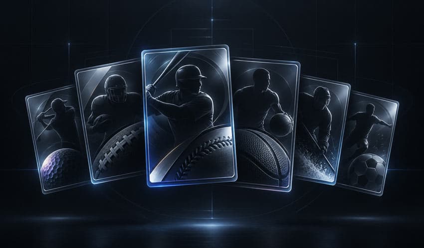 Fan of stylized sports trading cards for baseball, football, basketball, hockey, soccer and golf