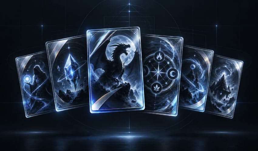 Fan of stylized fantasy trading card game cards with glowing blue borders